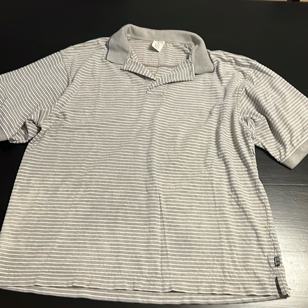 Columbia Mens XL Polo Shirt Grey White Striped Short Sleeve Cotton Rayon‎ Blend